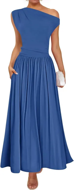 ZESICA Women's Summer 2025 Sleeveless Maxi Dress One Shoulder Casual Slim Swing Pleated Formal Dresses with Pockets